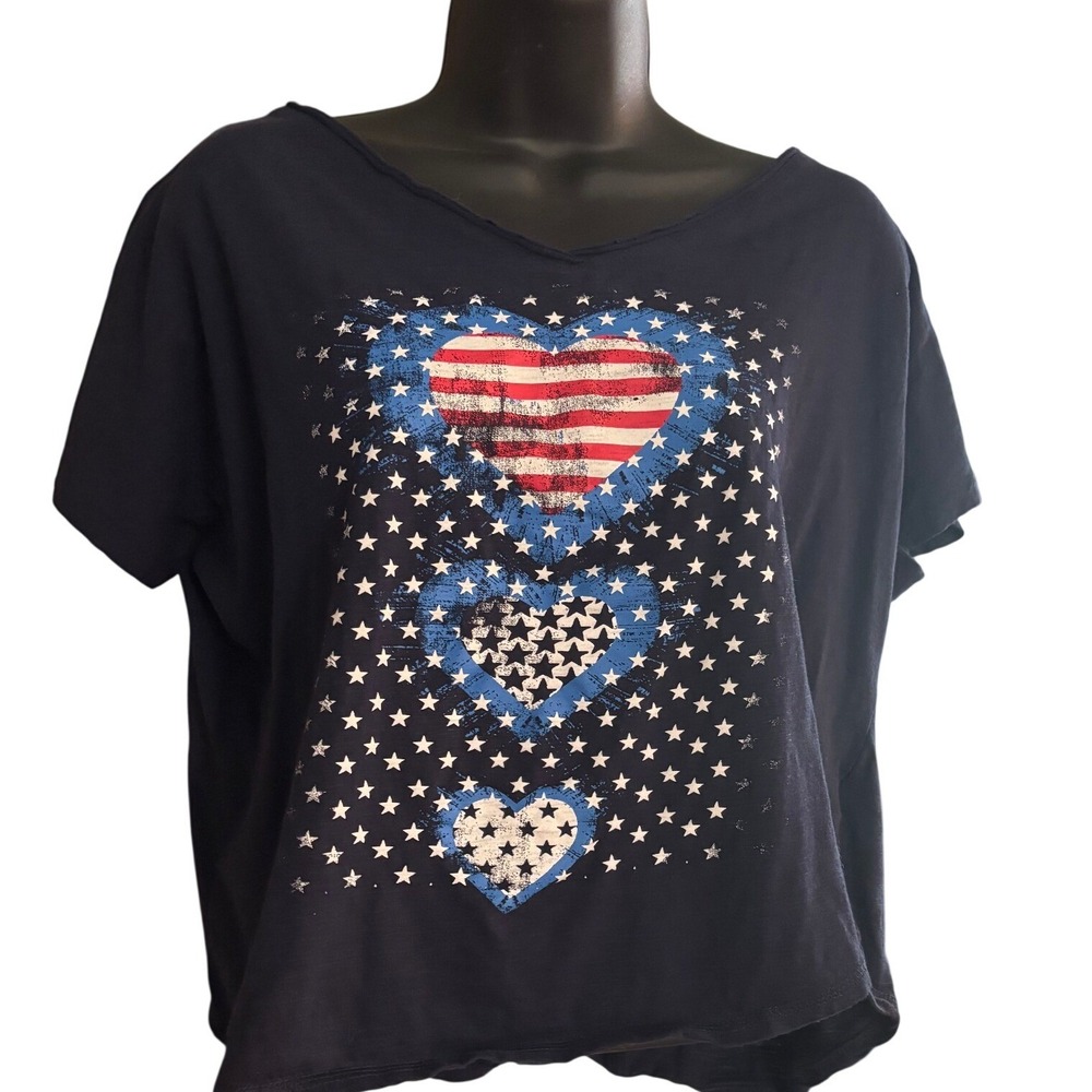 Caribbean Joe Womens Navy Patriotic American Flag Heart Star Graphic Tee Large